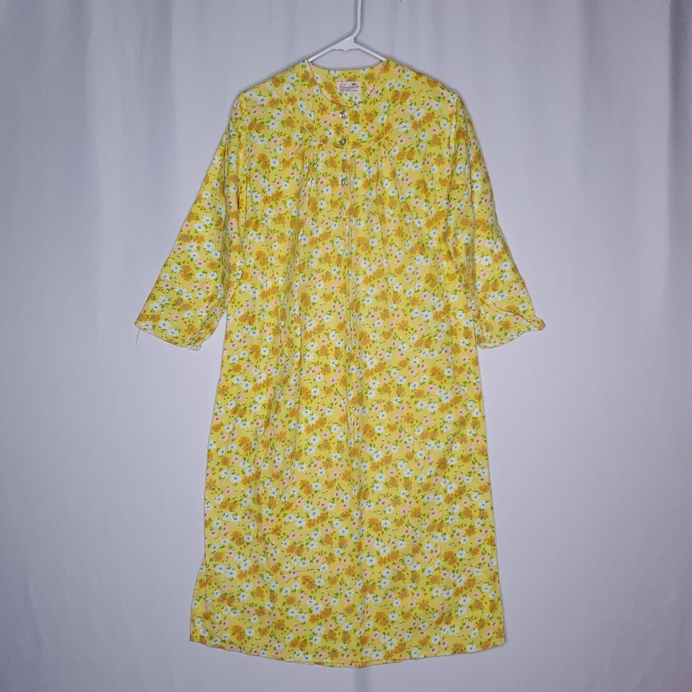 Primstyle Vtg Flannel Nightgown Women 38 Yellow Retro‎ Floral Multicolor 70s
